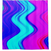 ホットピンク、ティール（緑がかった色）、ブルーの絵を描ストライプ シャワーカーテン (正面)