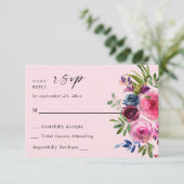 ホットピンク&ネイビーブルーフローラいいえ食事V3ピンク 出欠カード (スタンド正面)