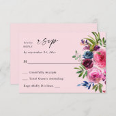 ホットピンク&ネイビーブルーフローラいいえ食事V3ピンク 出欠カード (正面/裏面)