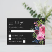 ホットピンク&ネイビーブルーフローラいいえ食事V3ブラック 出欠カード (スタンド正面)