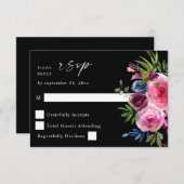 ホットピンク&ネイビーブルーフローラいいえ食事V3ブラック 出欠カード (正面/裏面)