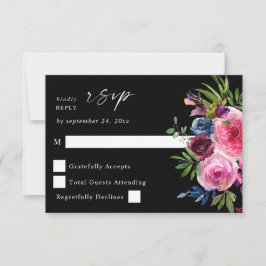 ホットピンク&ネイビーブルーフローラいいえ食事V3ブラック 出欠カード