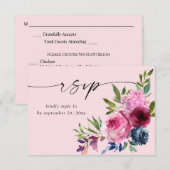 ホットピンク&ネイビーブルーフローラと食事V3ピンク 出欠カード (正面/裏面)