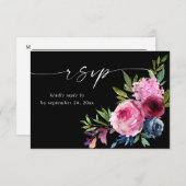 ホットピンク&ネイビーブルーフローラと食事V3ブラック 出欠カード (正面/裏面)