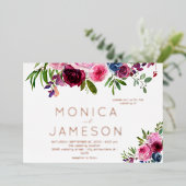 ホットピンク&ネイビーブルーフローラ結婚ズ 箔招待状 (立ち正面)