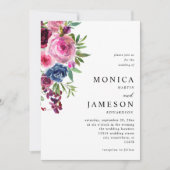 ホットピンク&ネイビーブルーフローラ結婚式招待状3 招待状 (正面)