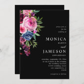 ホットピンク&ネイビーブルーフローラ結婚式招待状3 B 招待状 (正面/裏面)