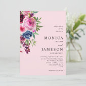 ホットピンク&ネイビーブルーフローラ結婚式招待状3 P 招待状 (スタンド正面)