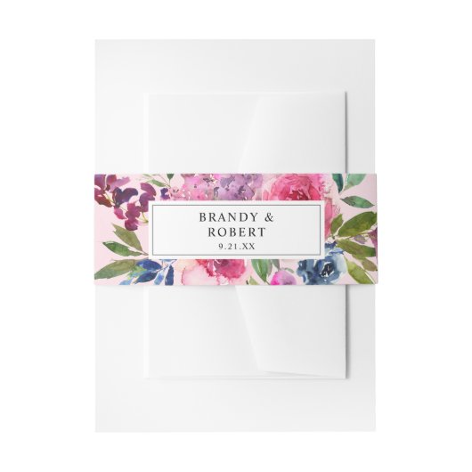 ホットピンク&ネイビーブルーフローラ2ピンク 招待状ベリーバンド (正面例)