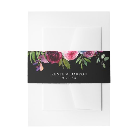 ホットピンク&ネイビーブルーフローラ3Bブラック 招待状ベリーバンド (正面例)