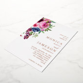 ホットピンク&ネイビーブルー結婚フローラの3 箔招待状 (回転した状態)