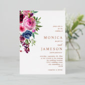 ホットピンク&ネイビーブルー結婚フローラの3 箔招待状 (立ち正面)