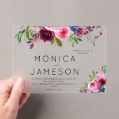 ホットピンク&ネイビーブルー結婚フローラズ2 アクリル招待状 (インサイチュ (ポータブル))