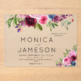 ホットピンク&ネイビーブルー結婚フローラズ2 アクリル招待状