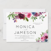 ホットピンク & ネイビーブルー 花柄 ウェディング 招待状 2 (正面)