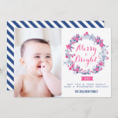 ホットピンク&ネイビー航海のリースホリデーフォトカード シーズンカード (正面/裏面)