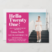 ホットピンク ハロー トゥエンティ・ワン 21歳の誕生日 写真 招待状 (正面)