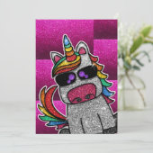 ホットピンク バースデーパーティー レインボー グリッター ユニコーン 招待状 (スタンド正面)