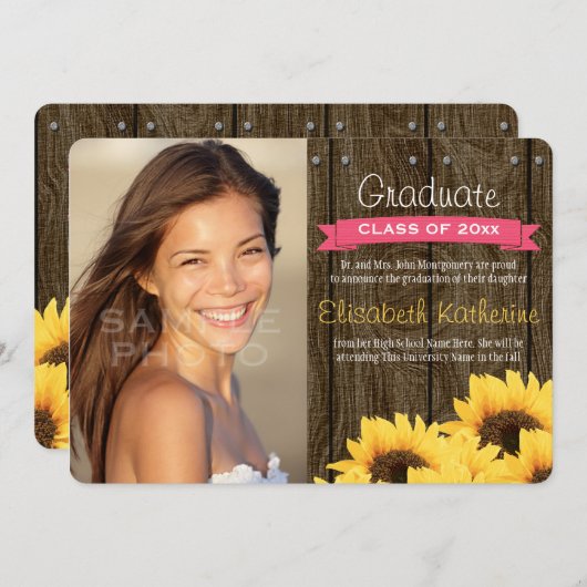 ホットピンク·ヒマワリの卒業発表 招待状 (正面/裏面)