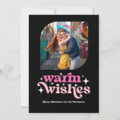 ホットピンク＆ピンクのモダン レトロクリスマス フォト シーズンカード (正面)