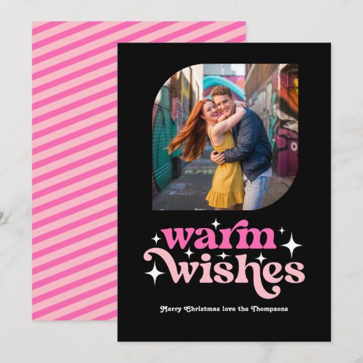 ホットピンク＆ピンクのモダン レトロクリスマス フォト シーズンカード (正面/裏面)