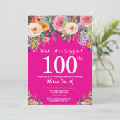 ホットピンク フローラル サプライズ 100歳の誕生日招待状 招待状 (スタンド正面)
