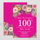 ホットピンク フローラル サプライズ 100歳の誕生日招待状 招待状 (正面/裏面)