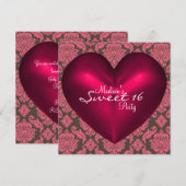 ホットピンク ブラウン レッド ハート ダマスク スイート16 パーティー 招待状 (正面/裏面)