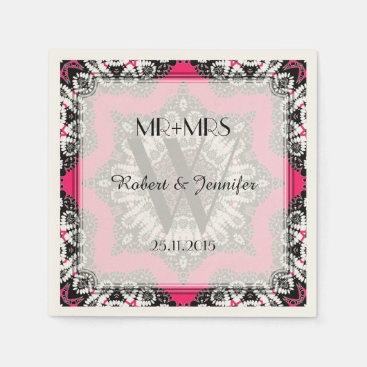 ホットピンク&ブラックトライバルデコ紙ナプキンス スタンダードカクテルナプキン (正面)