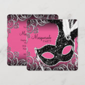 ホットピンク ブラックマスク マスカレードパーティー 招待状 (正面/裏面)