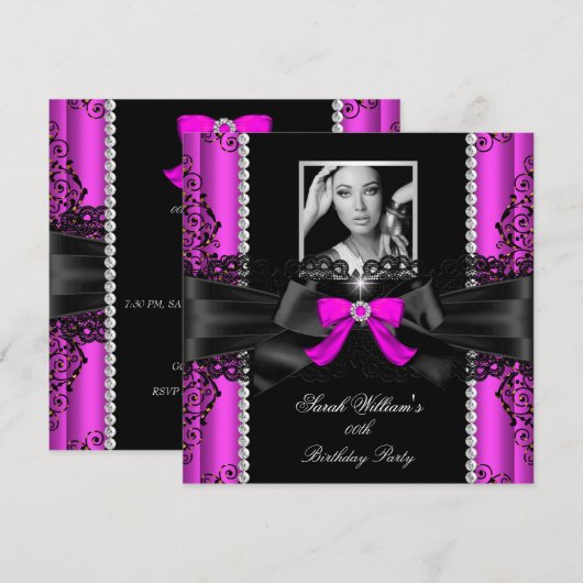 ホットピンク ブラックレース フォト バースデーパーティー 招待状 (正面/裏面)