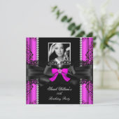 ホットピンク ブラックレース フォト バースデーパーティー 招待状 (スタンド正面)