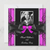 ホットピンク ブラックレース フォト バースデーパーティー 招待状 (正面)