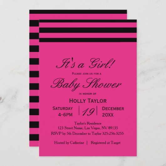 ホットピンク&ブラック招待状ベビーシストライプャワー 招待状 (正面/裏面)