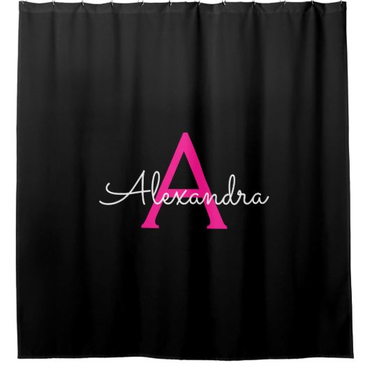 ホットピンク ブラック ガーリー スクリプト モノグラム 名前 現代 シャワーカーテン (正面)