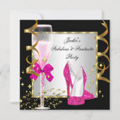 ホットピンク ブラック シルバー 女性の誕生日パーティー 招待状 (正面)