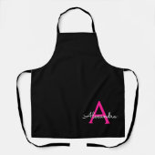 ホットピンク ブラック スクリプト ガーリー モノグラム ネーム エプロン (正面)