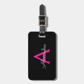 ホットピンク ブラック スクリプト ガーリー モノグラム ネーム ラゲッジタグ (正面縦)