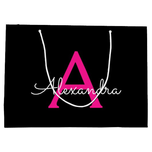 ホットピンク ブラック スクリプト ガーリー モノグラム ネーム ラージペーパーバッグ (裏面)