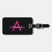 ホットピンク ブラック スクリプト ガーリー モノグラム 名前 ラゲッジタグ (正面横)