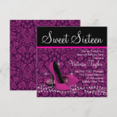 ホットピンク ブラック ダマスク ハイヒール スイート16 パーティー 招待状 (正面/裏面)