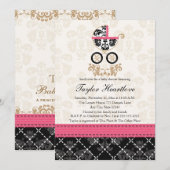 ホットピンク ブラック ダマスク ベビーカー ベビーシャワー 招待状 (正面/裏面)