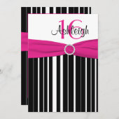 ホットピンク、ブラック、ホワイト16誕生日招待状 招待状 (正面/裏面)