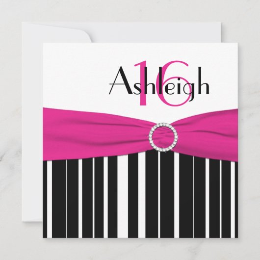 ホットピンク、ブラック、ホワイト 16歳の誕生日招待状 招待状 (正面)