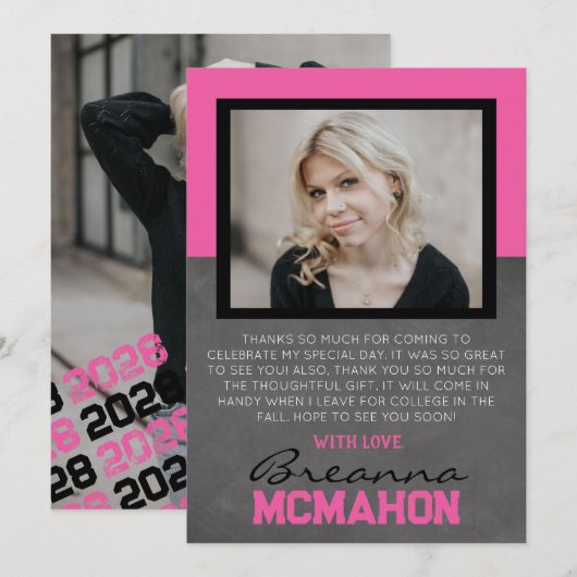 ホットピンク & ブラック 卒業式 2 フォト サンクス カード (正面/裏面)