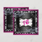 ホットピンク&ブラックSweet sixteen招待状 招待状 (正面/裏面)