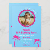 ホットピンク & ブルー モダン フォト 18歳の誕生日 招待状 (正面/裏面)