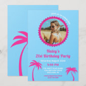 ホットピンク & ブルー モダン フォト 21歳 誕生日 招待状 (正面/裏面)