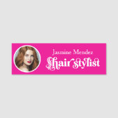 ホットピンク ヘアスタイリスト エレガント 写真 名札 (正面)