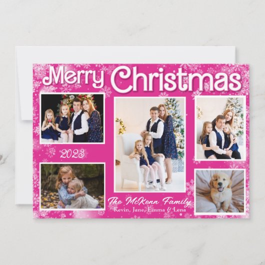 ホットピンク&ホワイトの雪の結晶クリスマスカード シーズンカード (正面)